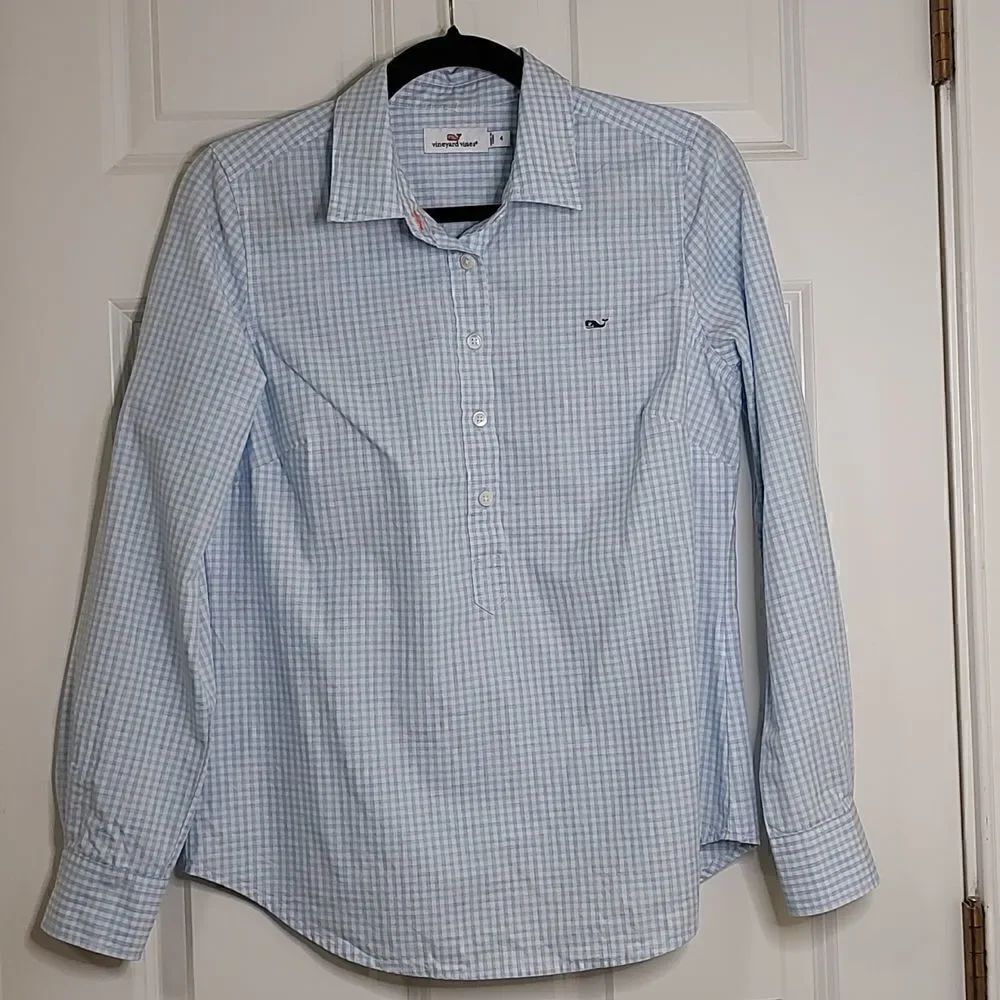 Vineyard VinesβCotton PopoverΒ RollβTabβSleeveβBlouseβTopβBlueβWhiteβCheckβSizeβ4